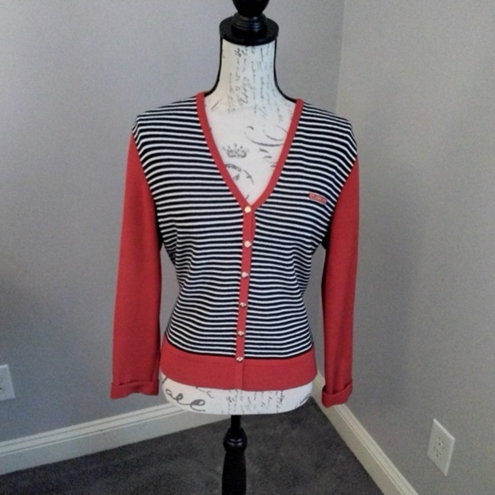 St. John Red and Black Striped Cardigan A0438